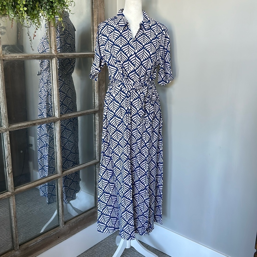 JDY tie waist midi shirt dress in blue print S
